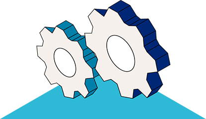 Two stylised gears, one blue and the other light blue, are placed side by side on a light blue surface.