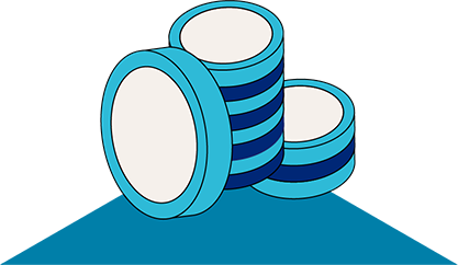 Three stylised blue and white money coins stacked on a gradient blue background.